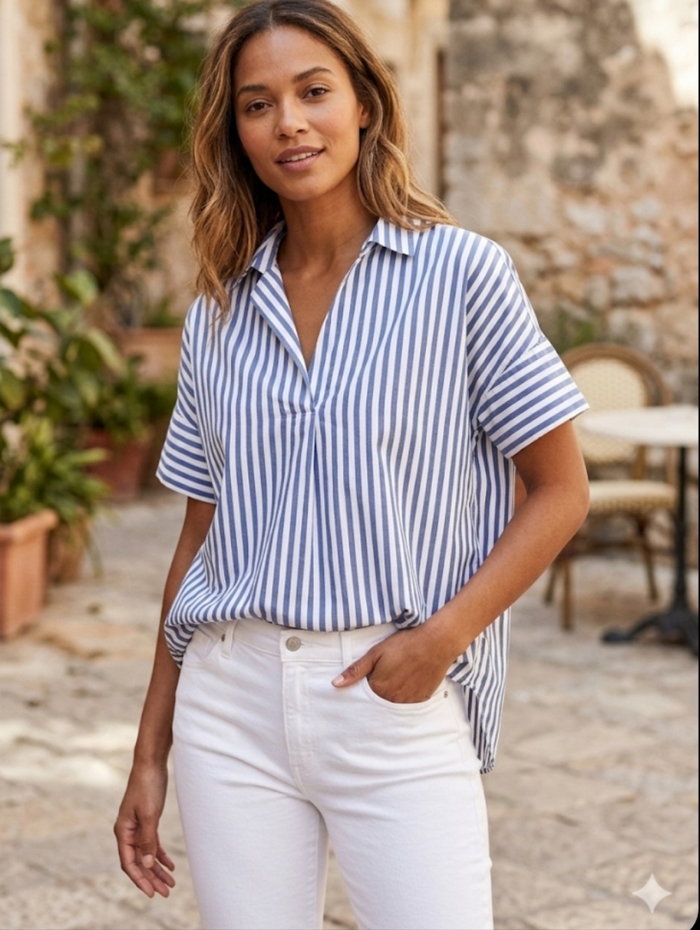 Madewell Courier Shirt Mixed Stripe Button-Back Popover Top XS